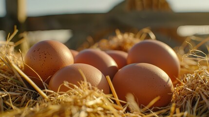Nest of brown eggs with speckles, resting on hay, with a blurred background that suggests a farm setting