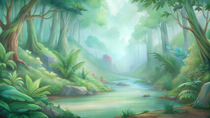 Obraz premium Watercolor lush green rainforest with river running through it. Background for game