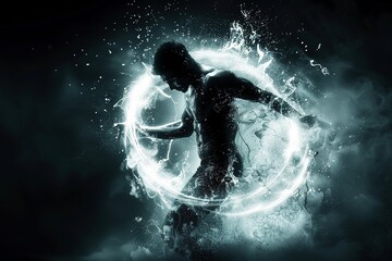 Obraz premium A dramatic portrayal of an angel's descent, surrounded by a misty, ethereal atmosphere and bathed in celestial light.