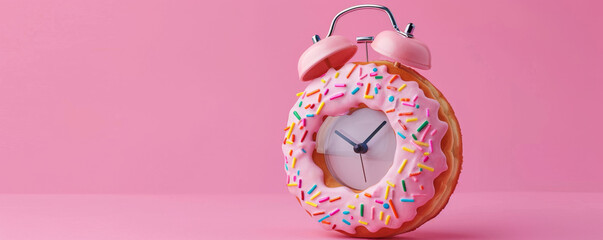 Pink alarm clock made from a donut with sprinkles, creative concept