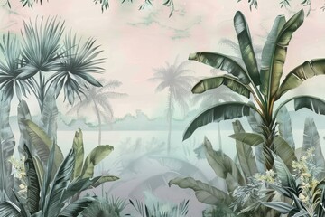 Tropical landscape wallpaper design in pastel tones, soft color, oil painting background, palm and banana trees, mural art, Generative AI