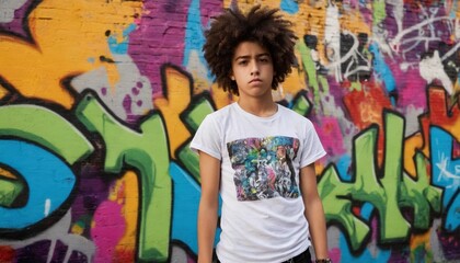 Naklejka premium Teen Boy Posing Confidently in Front of Vibrant Graffiti Wall, Expressing Urban Street Style and Artistic Vibe