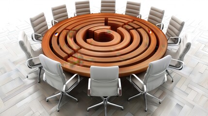 executives conference table designed like a maze with empty office chairs