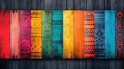   A wooden wall adorned with a vibrant pattern and a wooden fence in the backdrop