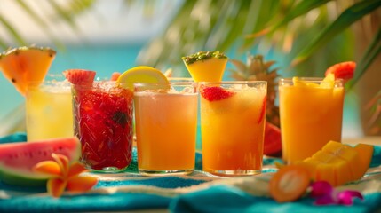 Fototapeta premium Tropical Juice Blends Assorted in Vibrant Glassware for Summer Beach Picnic Design