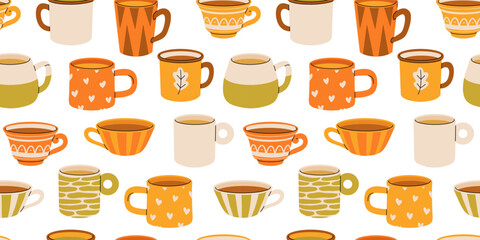 Seamless pattern with various tea cups and teapot. Cute autumn dishes different shapes and ornaments. Hand drawn color vector background in Modern flat cartoon style.