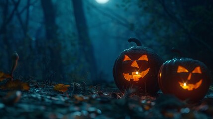 Naklejka premium Two pumpkins with glowing eyes are placed on the ground in a dark forest
