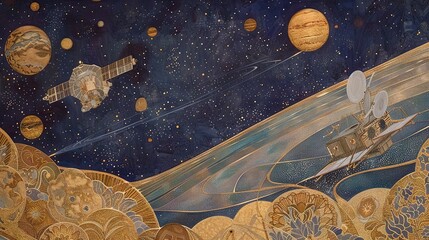  Space Station in Night Sky - Planets & Ship in Foreground