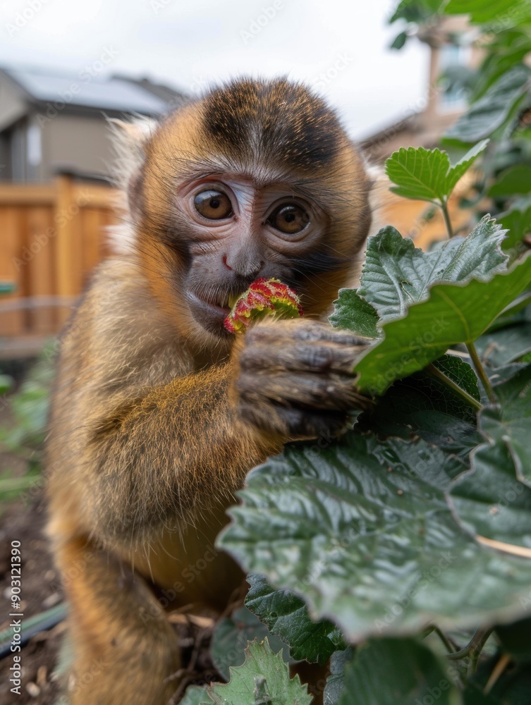 Sticker A monkey eats a berry while sitting in a leafy bush. AI.