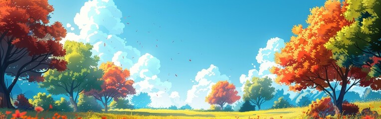 Serene Cartoon Nature Scene with Lush Greenery