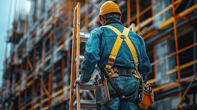 Climbing the Heights of Construction: A lone worker in full safety gear ascends a ladder against the backdrop of a towering skyscraper, embodying the dedication and risk of the construction industry. 