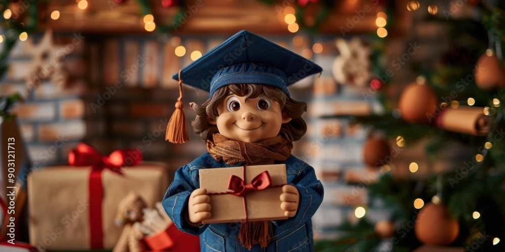 Canvas Prints A smiling figure wearing a graduation cap holds a gift. AI.