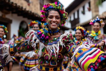 A vibrant photo of a joyous dancer wearing traditional and intricately designed folkloric attire, performing energetically in a lively cultural celebration or festival.