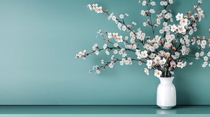   White vase with white flowers on blue table, adjacent to light blue wall and blue background
