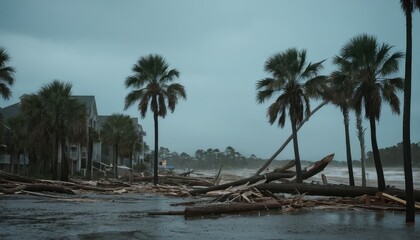 Obraz premium The aftermath of a storm, showing a residential area with palm trees and homes surrounded by floodwaters, debris, and a car navigating the submerged street.