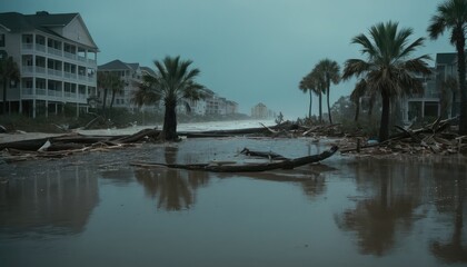 Obraz premium A severe storm's impact, featuring a flooded neighborhood with palm trees, damaged houses, debris on the street, and a vehicle trying to move through the water