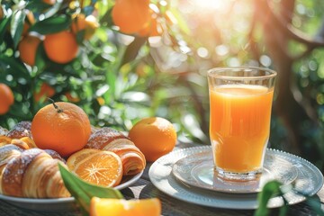 Fototapeta premium Freshly Squeezed Orange Juice in a Sunny Garden Setting with Breakfast Pastries for Relaxing Mornings