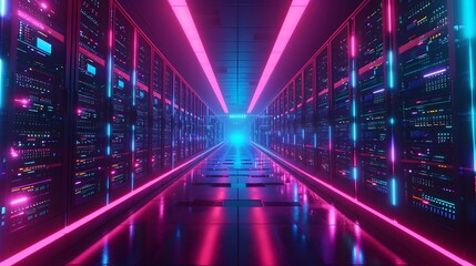 Digital Crop Cultivation:Sprawling Cryptocurrency Mining Complex with Towering Server Racks and Glowing Neon Pipelines