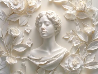 White sculpture of a woman's bust surrounded by white flowers and leaves. AI.