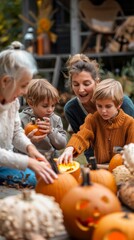 Obraz premium A family of four is gathered around a table full of pumpkins