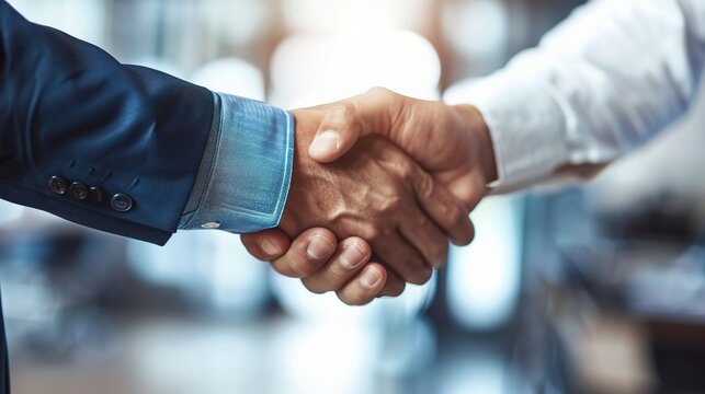 Sealing the Deal: A close-up handshake signifies trust and partnership in a modern business setting. 