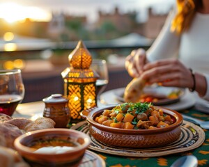 Fototapeta premium A delicious meal is enjoyed on a table with a lantern and wine. AI.