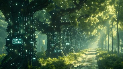 Blockchain Harvest Bounty:Verdant Orchard of Mining Rigs,Holographic Control Panels,and Robotic Pruners