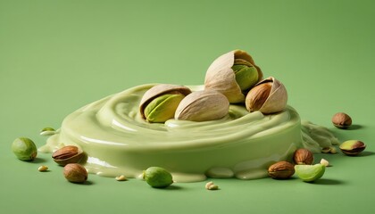 A smooth pool of green pistachio cream surrounds a few scattered pistachios in their shells, creating a vibrant and delicious display
