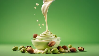 A creamy pistachio delight with whole pistachios artistically placed on top, set against a matching green background for a harmonious presentation