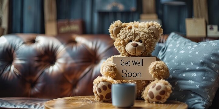 A toy bear holding a sign that says "Get Well Soon". AI.