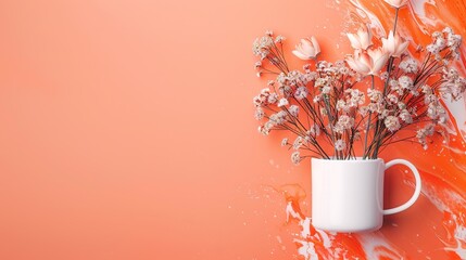   A white cup filled with vibrant flowers against a gradient of orange and pink, punctuated by a splash of vibrant paint