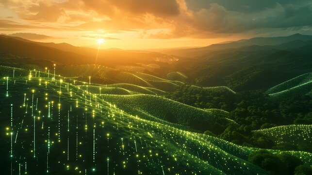 Crypto Farming Landscape:Lush Rolling Hills,Glowing Digital Displays,and Futuristic Aesthetics