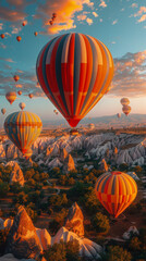 Fototapeta premium Colorful hot air balloons before launch in Goreme national park, Cappadocia, Turkey