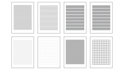 Isolated line paper page, dots and cells notebook pattern, technical blank, square graphic project texture, mockup template copybook, checkered and striped sheet background for school book in transpar