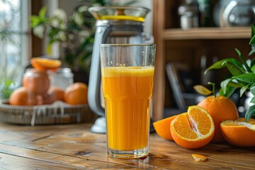 Naklejka premium Freshly Squeezed Orange Juice in a Sunny Kitchen - Perfect for Breakfast, Posters, and Food Designs