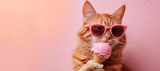 photo of happy smiling ginger cat in pink sunglasses eats ice cream on peach fuzz color background
