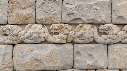 Obraz premium Smooth stone wall with intricate carvings, detailed texture, cultural heritage