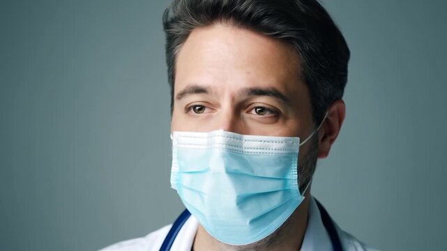 Focused doctor in a medical mask deeply contemplates during work hours in a clinical setting, displaying professionalism, seriousness, and dedication