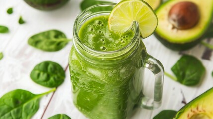 Fototapeta premium Refreshing Green Smoothie with Avocado, Spinach, and Lime in Mason Jar for Healthy Summer Beverage