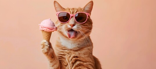 photo of happy smiling ginger cat in pink sunglasses eats ice cream on peach fuzz color background