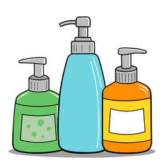 Hand drawn set of bottles with liquid soap. Cartoon style vector illustration.