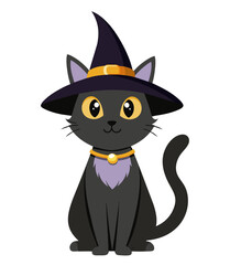 Cute black cat in a witch hat isolated on white. Cartoon vector illustration.