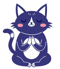 Hand drawn cute cat praying or meditating with closed eyes. Cartoon vector illustration.