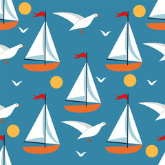 Seamless nautical pattern with sailboats and seagull. Cartoon style vector illustration. Summer marine background.