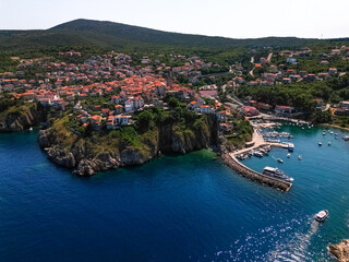 Aerial view of panorama of Vrbnik town in Adriatic coast, Croatia. Fantastic ancient town on a cliff. Summer travel destination in Adriatic Sea