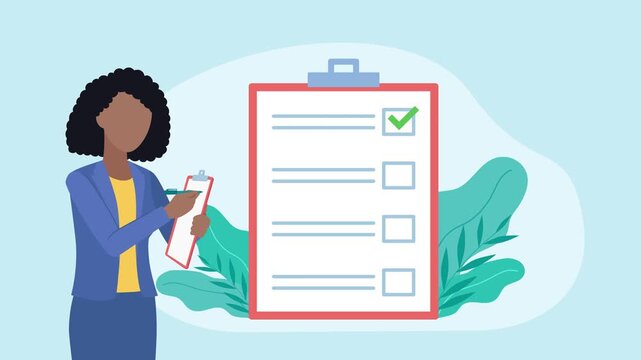 A businesswoman fills out a survey. All checkmarks are correct, marked in green. There is a medal icon above the notebook. Flat design Animation.