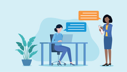 Fototapeta premium Office conversation of coworkers. Business Woman is sitting and working on laptop, other person is standing. Both persons are having conversation. Flat design vector. Office, desk, plant, people.