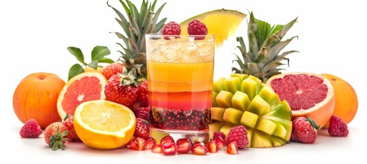 Naklejka premium Exotic Fruit Juice Blend in Glass Tumbler with Fresh Fruit Slices on White Background