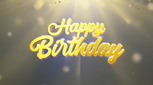 Glittering happy birthday text transforms from blue to golden background with light rays and confetti in celebratory animation. Perfect for festive greeting videos