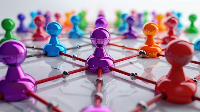 Colorful game pieces connected by lines represent strategy, teamwork, and networking in a visually appealing composition.